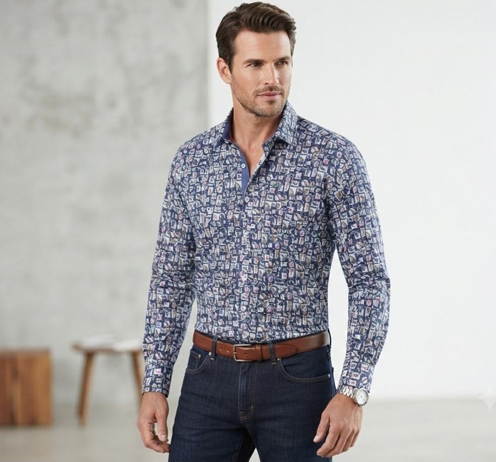 Bugatchi Uomo Shaped Fit Shirt Large 100% Cotton Animal Postage Stamp Print EUC
